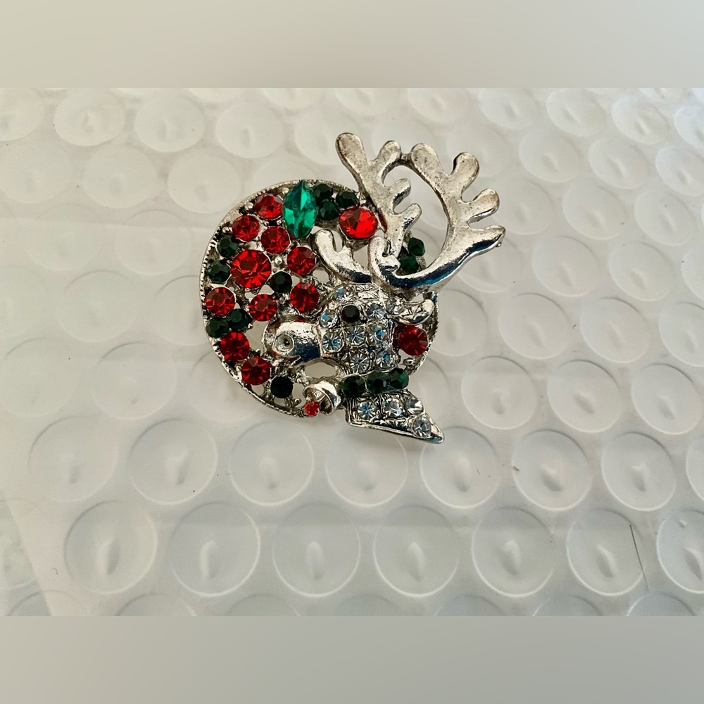 Christmas Reindeer Holiday Brooch Pin Crystal Red Green Silver Tone